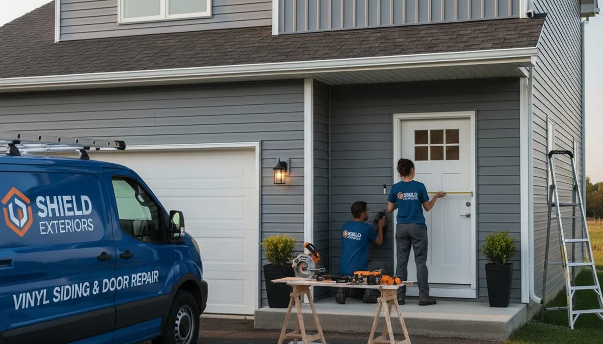 Technician repairing exterior door with vinyl siding in Cleveland, OH home
