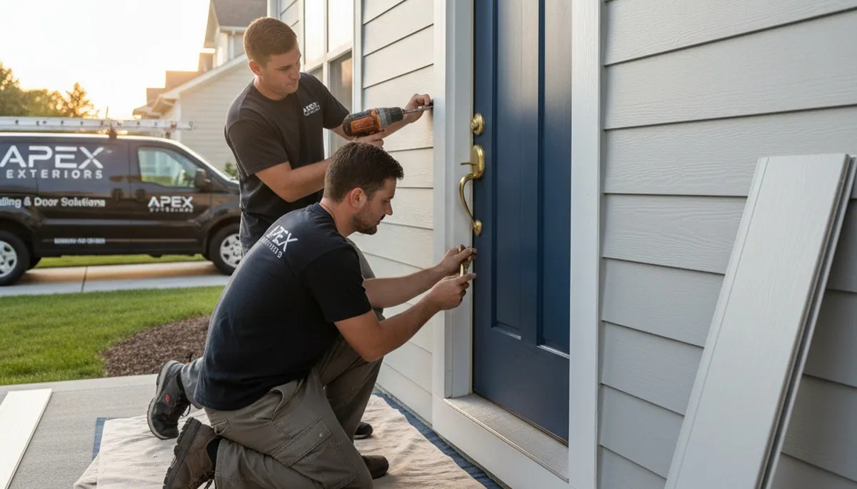 Vinyl siding door repair by Next Level Exteriors in Cleveland, OH restoring home durability