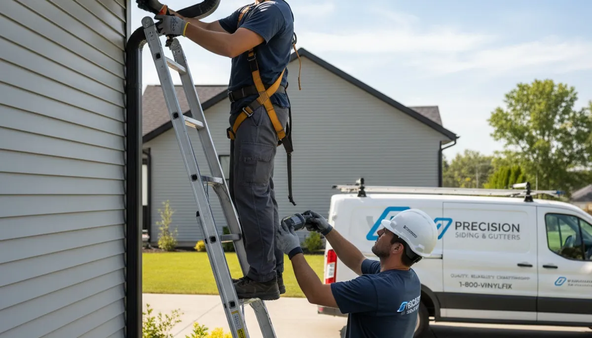 Technician repairing home gutters and vinyl siding in Cleveland, OH after lake effect storm damage