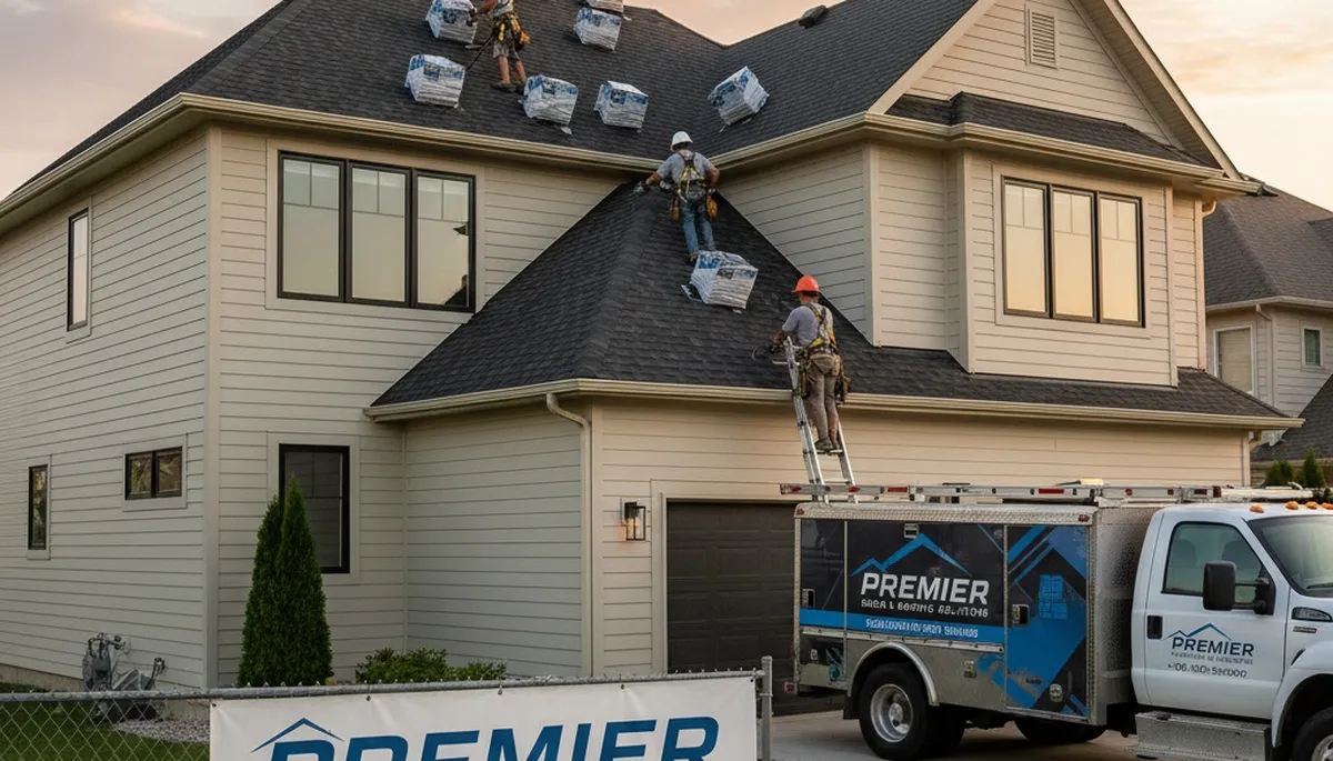 Crew installing new roof on Cleveland, OH home by Next Level Exteriors vinyl siding specialists