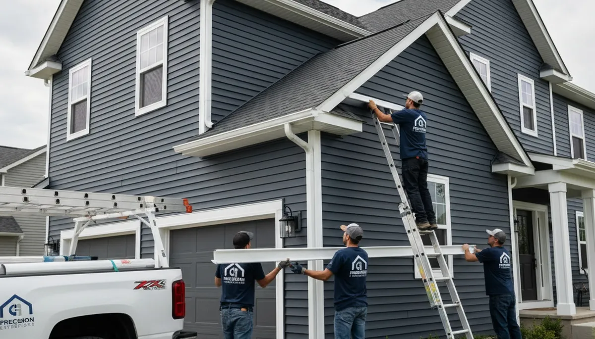 Seamless gutter installation on vinyl siding home in Cleveland, OH by Next Level Exteriors