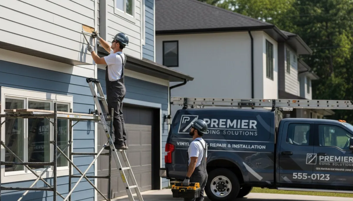 Technician repairing damaged vinyl siding on home exterior in Cleveland, OH